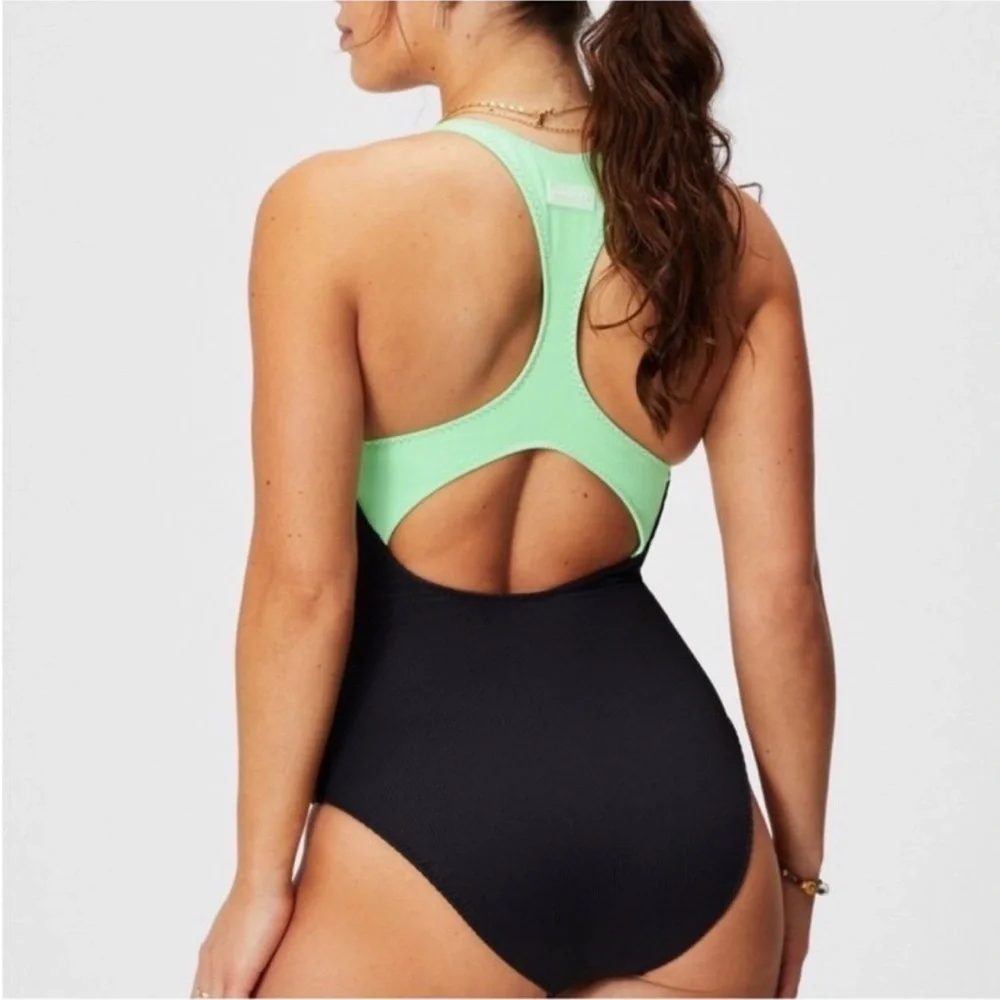 Fabletics Zip Front Racerback Black and green Swimsuit Size Small NWT - Picture 3 of 4
